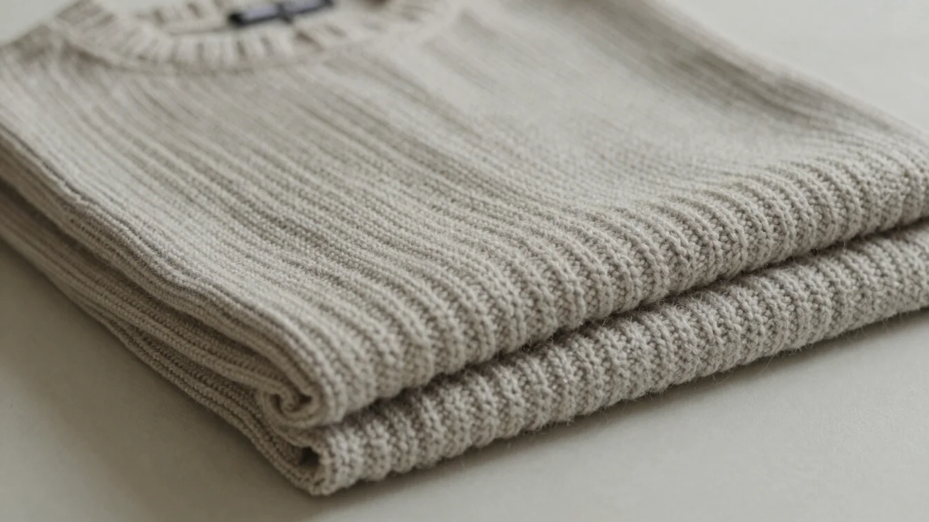 Editorial apparel photography, soft balanced daylight, close view of a knitted garment with tactile yarn texture folded
