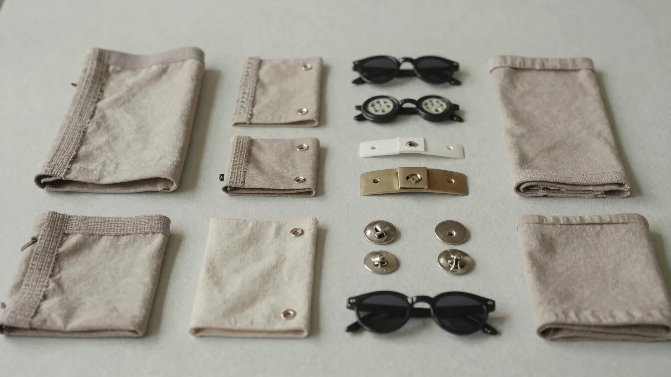 Editorial apparel photography, soft daylight, detail study of garment accessories such as trims and fasteners arranged n