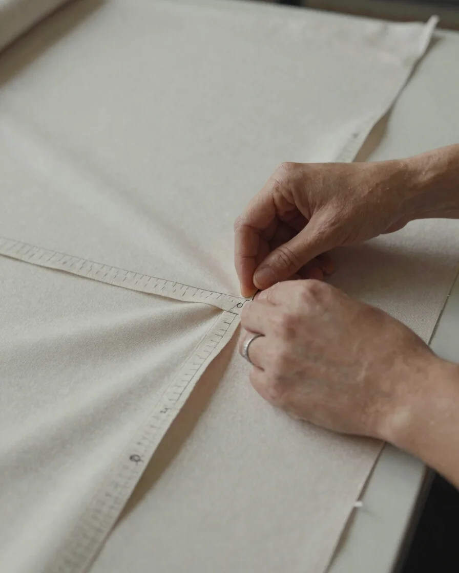 Close documentary detail of a tailor's hands guiding fabric through stitching on a neutral work surface, soft balanced d