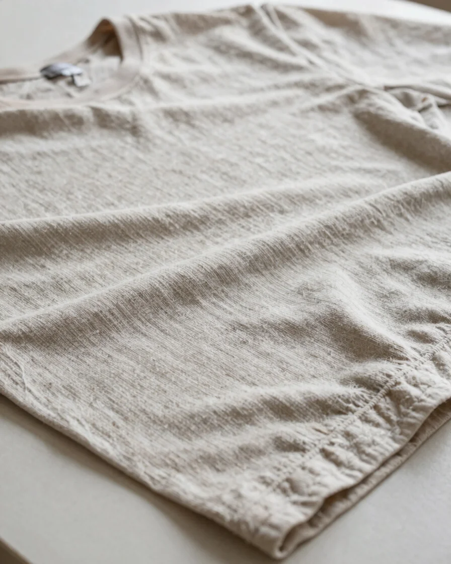 Editorial apparel photography, soft balanced daylight, close detail study of a woven textile garment with crisp fabric t